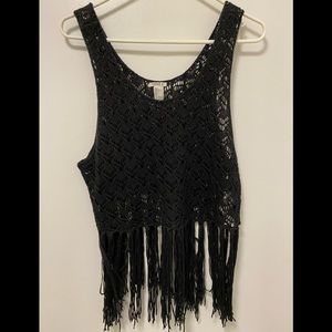 Crochete Fringe Black Crop Top